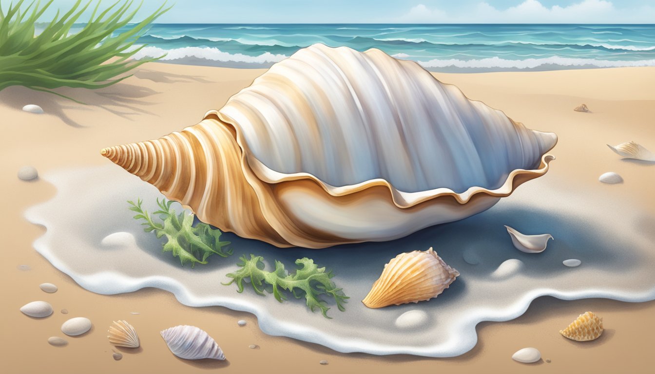 A conch shell resting on a sandy beach, surrounded by seaweed and shells. Waves gently crash in the background as seagulls circle overhead