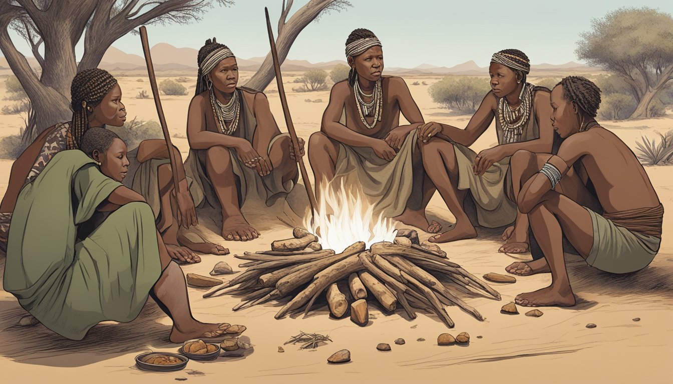 A group of San people gathered around a fire, roasting a warthog and preparing to unveil the unique culinary tradition of eating warthog anus