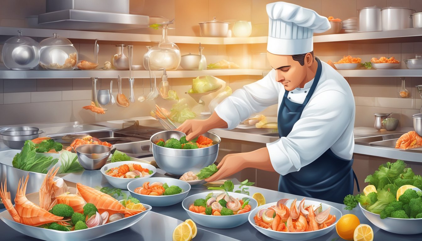 A chef preparing a variety of conch dishes in a modern kitchen, surrounded by fresh seafood and vibrant ingredients