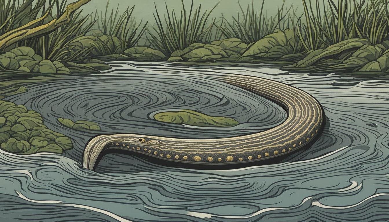 A lamprey swims through a murky river, its long, eel-like body undulating as it searches for prey. The creature's circular mouth is lined with sharp teeth, ready to latch onto its next meal