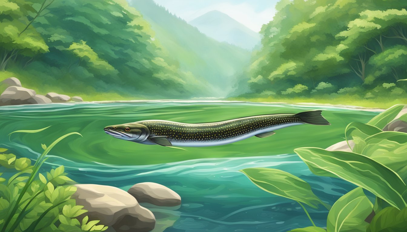 A lamprey swimming through a clear, flowing river, surrounded by lush green vegetation and small fish