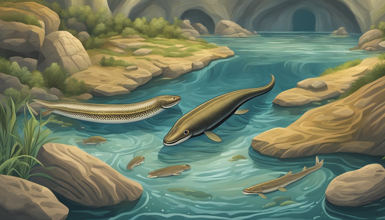 A lamprey swimming in a river, surrounded by ancient cave paintings and prehistoric artifacts from Portugal's culinary history