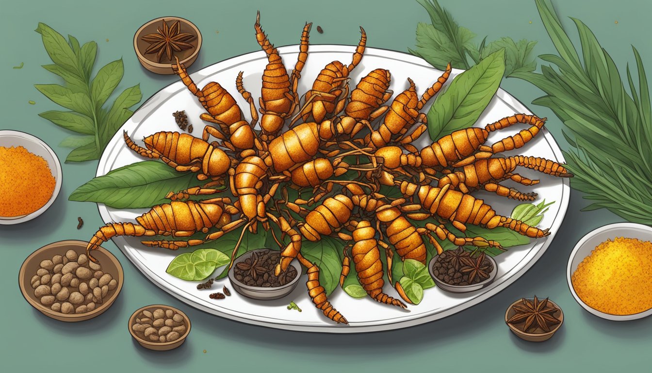 A plate of fried scorpions surrounded by exotic spices and herbs