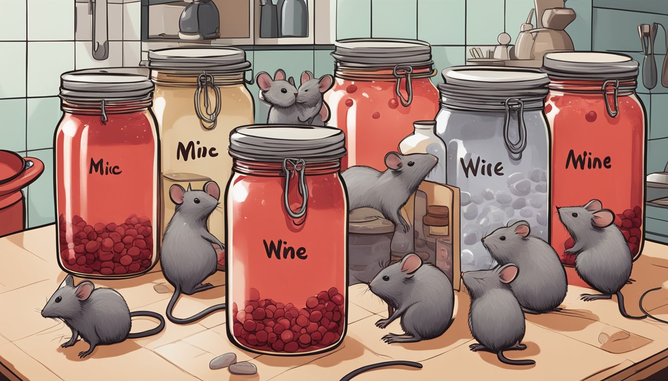 A collection of glass jars filled with mice submerged in red liquid, labeled "mice wine" on a cluttered kitchen counter