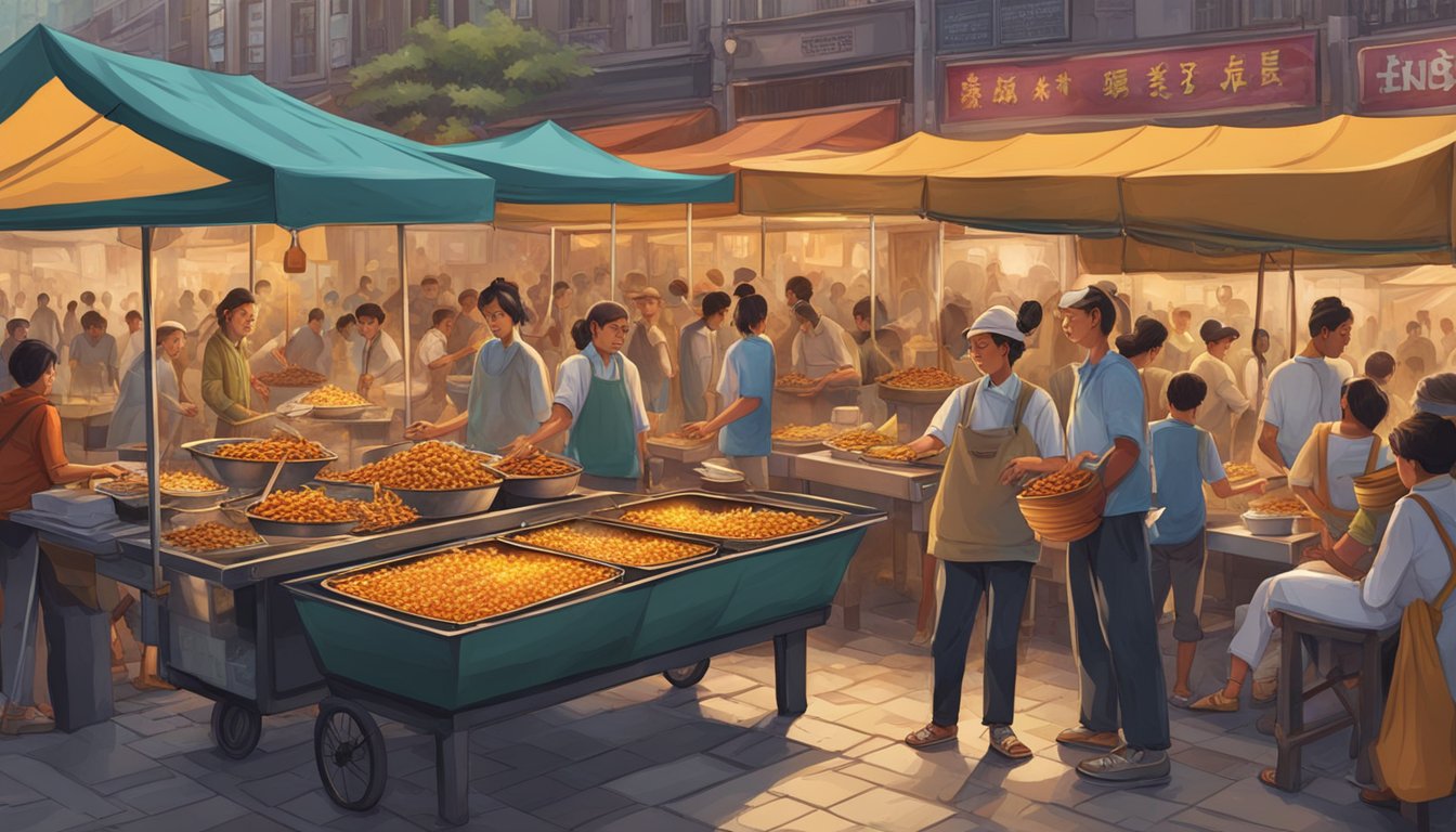 A street vendor fries scorpions in a sizzling wok, surrounded by curious onlookers in a bustling marketplace