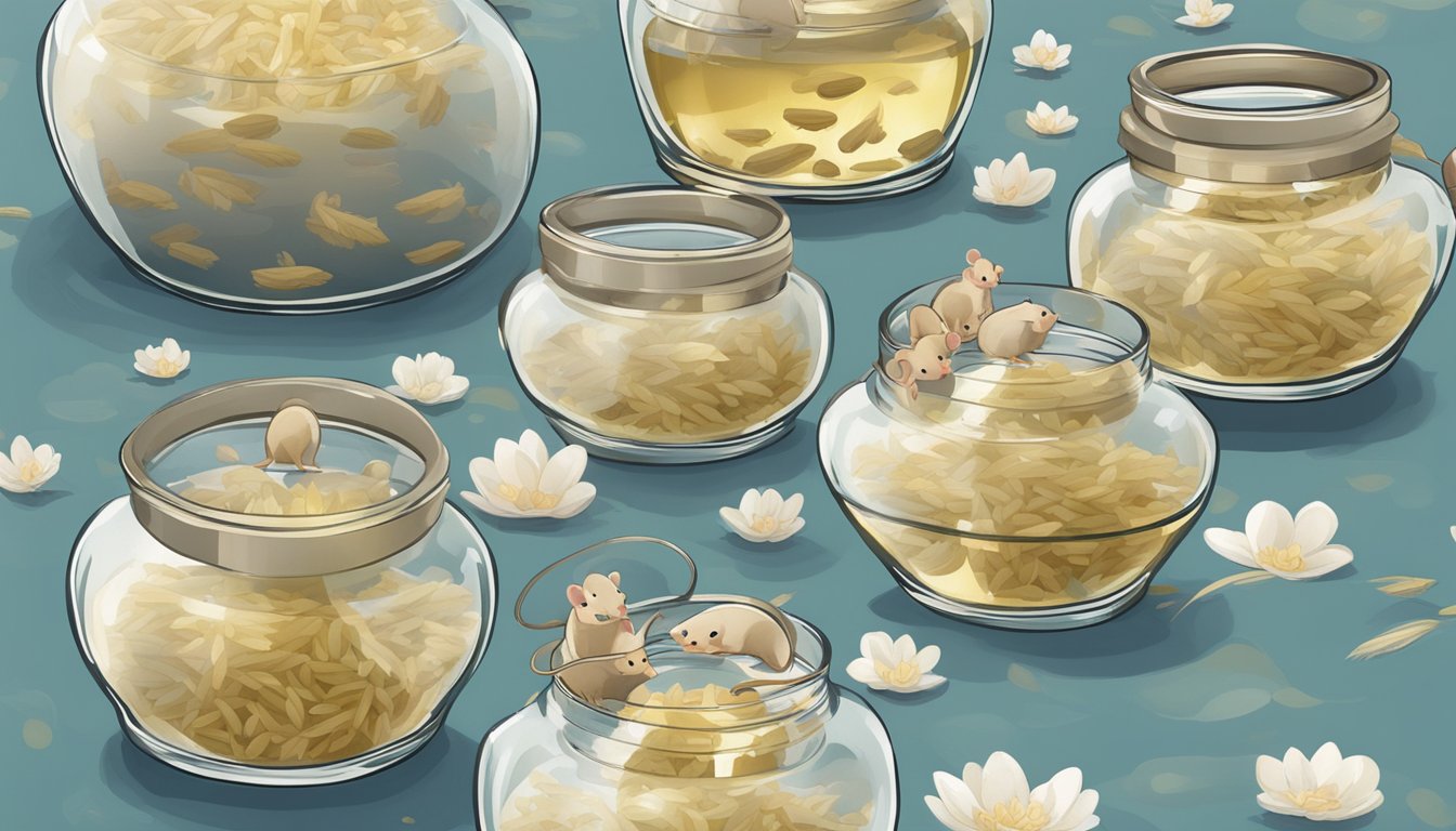 A glass jar filled with rice wine, with several small mice floating inside