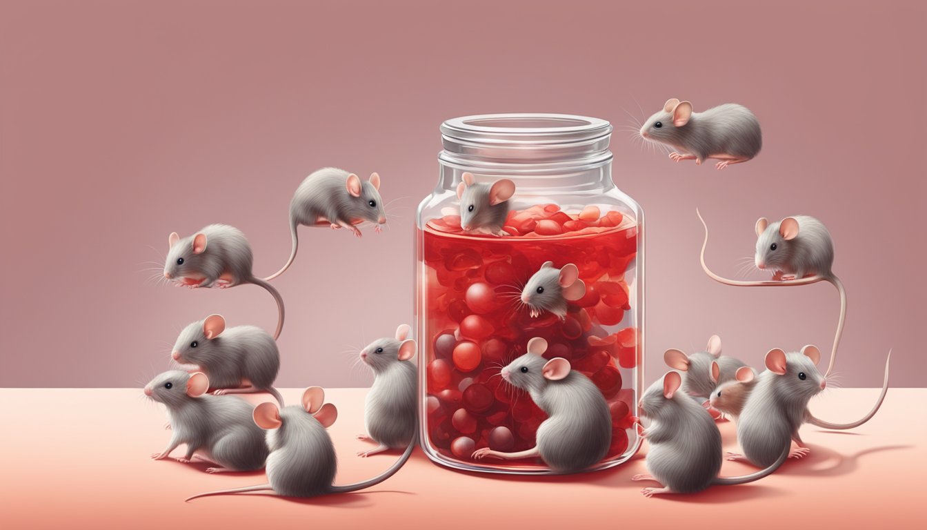 A small glass jar filled with mice floating in red liquid