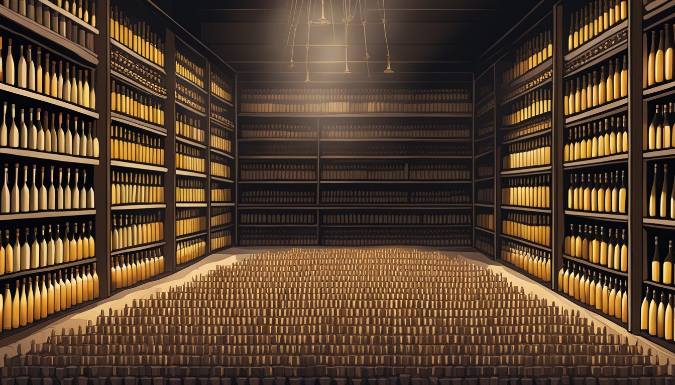 A dimly lit cellar with rows of dusty wine bottles, each containing a mouse floating inside