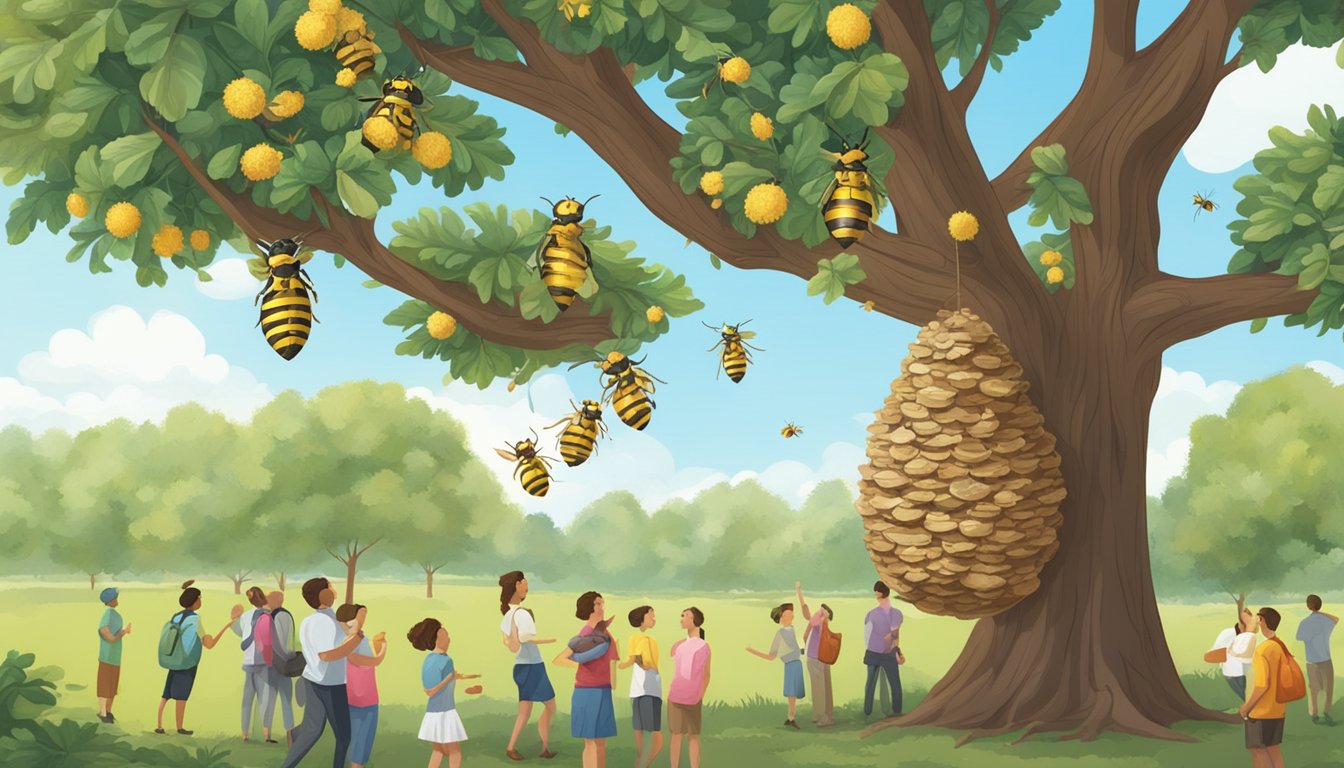 A wasp nest hanging from a tree, surrounded by a group of people collecting the insects for cookie-making