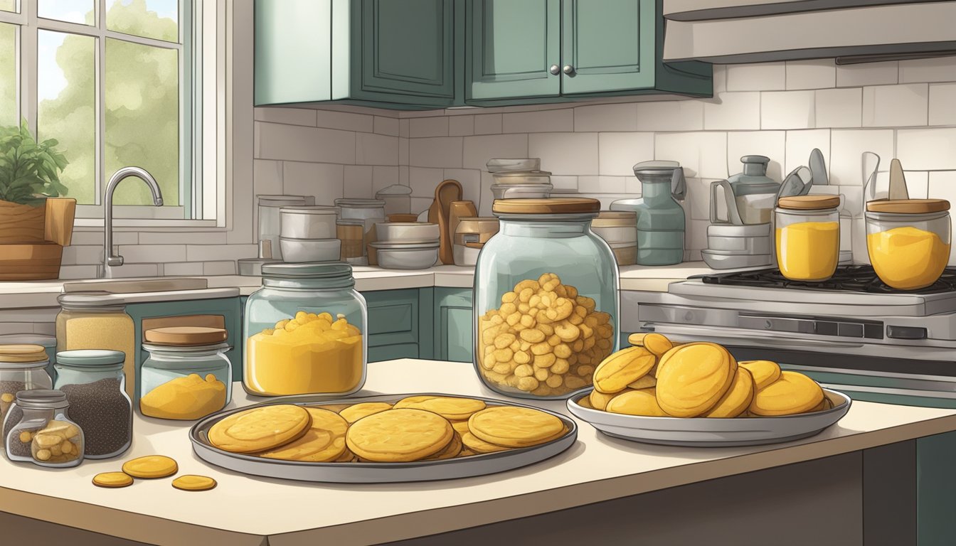 A kitchen counter cluttered with ingredients and utensils for making wasp-shaped cookies