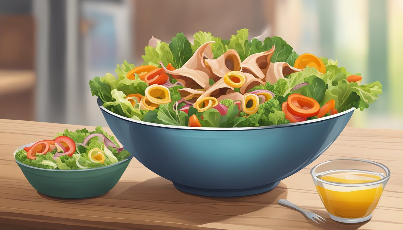 A colorful salad bowl filled with sliced pigs' ears, mixed greens, and vibrant vegetables, drizzled with a tangy vinaigrette