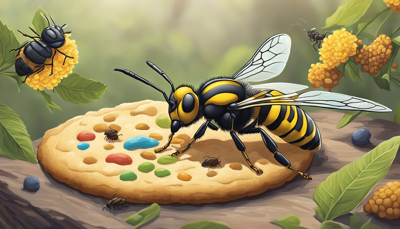 A wasp cookie being nibbled on by a curious insect, while other insects observe nearby