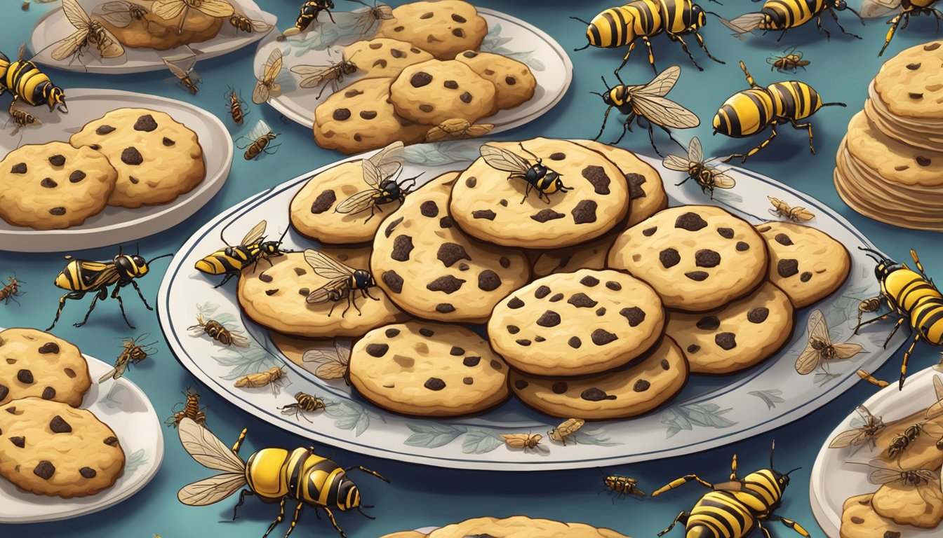 A plate of cookies with wasp-shaped designs, surrounded by buzzing insects and curious onlookers