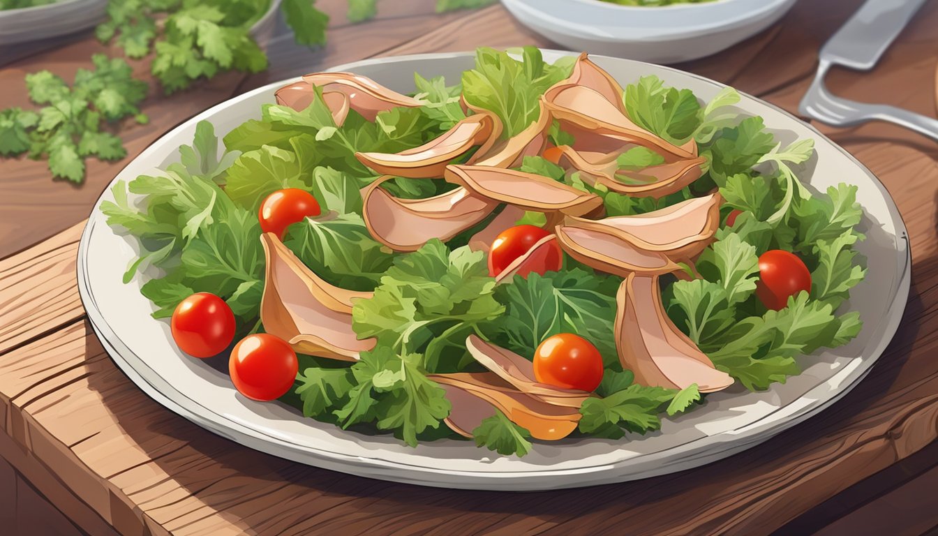 A colorful salad bowl with fresh greens, sliced pig's ears, cherry tomatoes, and a drizzle of vinaigrette on a wooden table