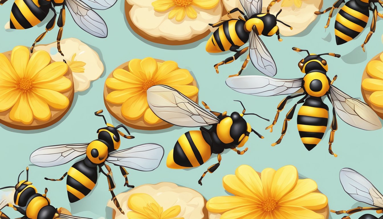 A group of wasps gather around a cookie, their bodies painted in vibrant colors. The cookie is made of honey and flower petals, placed on a bed of leaves