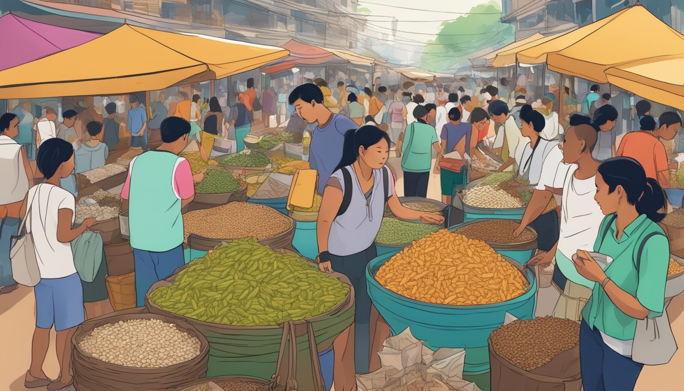 A bustling Thai market with colorful stalls selling crunchy jing leed crickets, surrounded by locals and tourists sampling the sustainable protein-packed snack