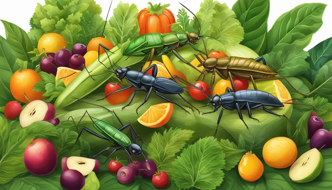 A group of colorful edible crickets crawling on a bed of vibrant green leaves, surrounded by various types of fruits and vegetables