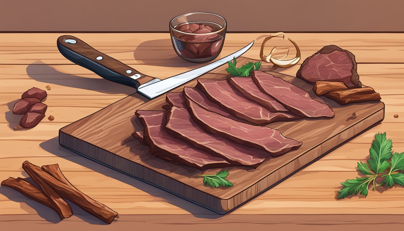 A plate of kangaroo jerky next to a cutting board with a knife and raw kangaroo meat