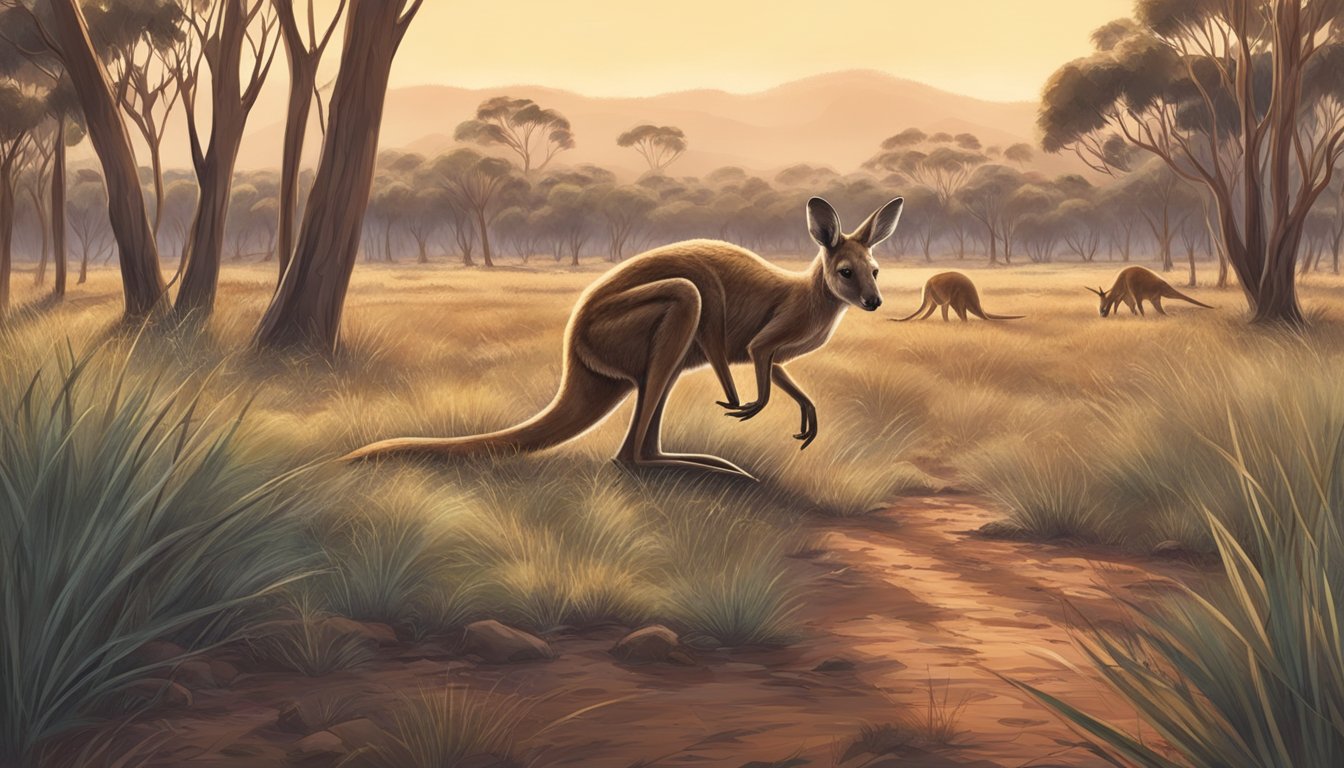 A kangaroo grazing in the Australian outback, surrounded by tall grass and eucalyptus trees, while a hunter prepares to make jerky from its meat