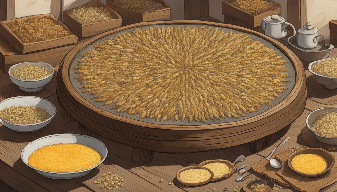 A wheel of casu marzu sits on a rustic wooden table, its surface teeming with tiny, wriggling maggots. The pungent aroma fills the air, as curious onlookers gather around to witness the controversial Sardinian delicacy