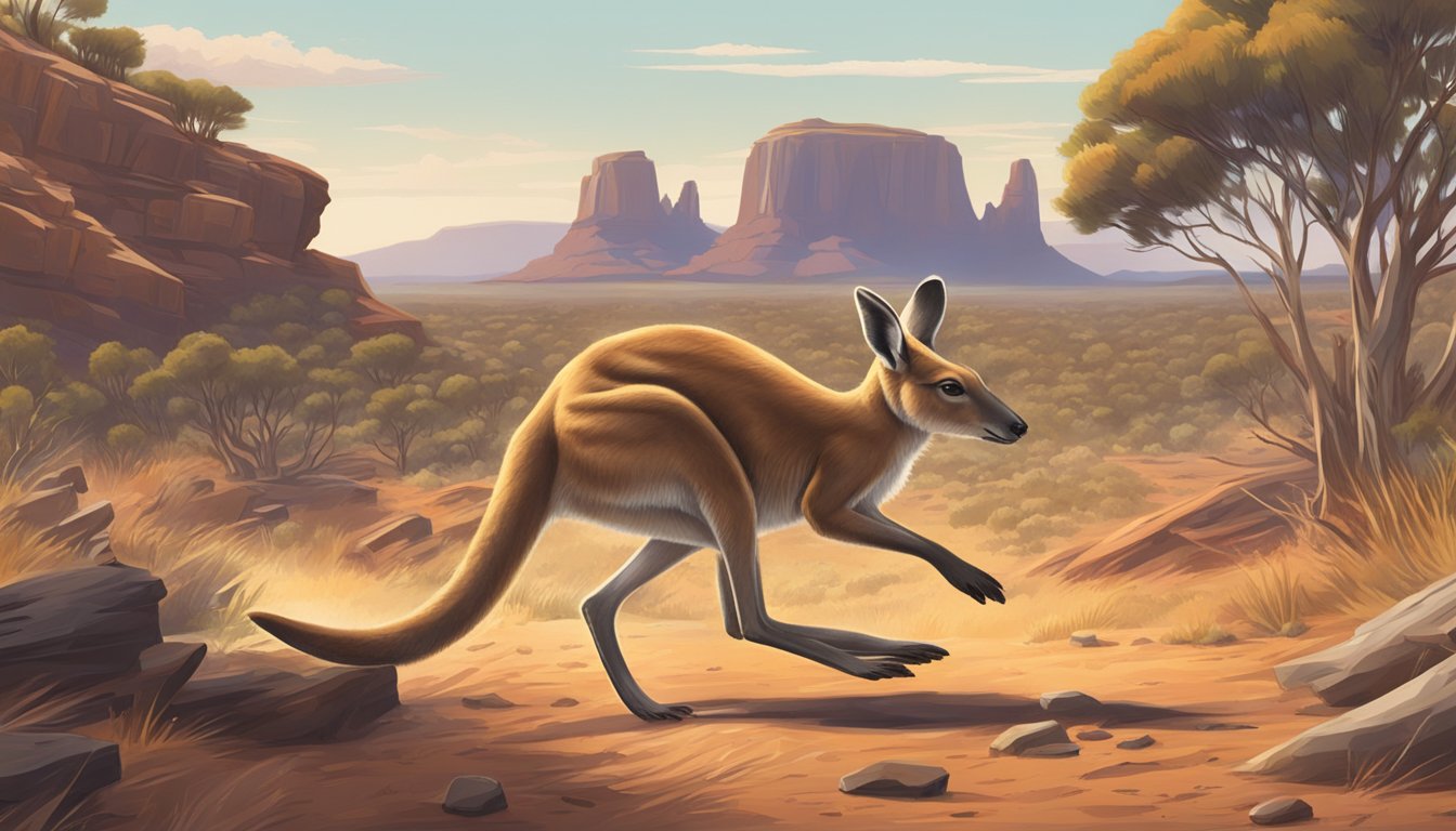 A kangaroo hopping through an outback landscape, with a pile of jerky in the foreground