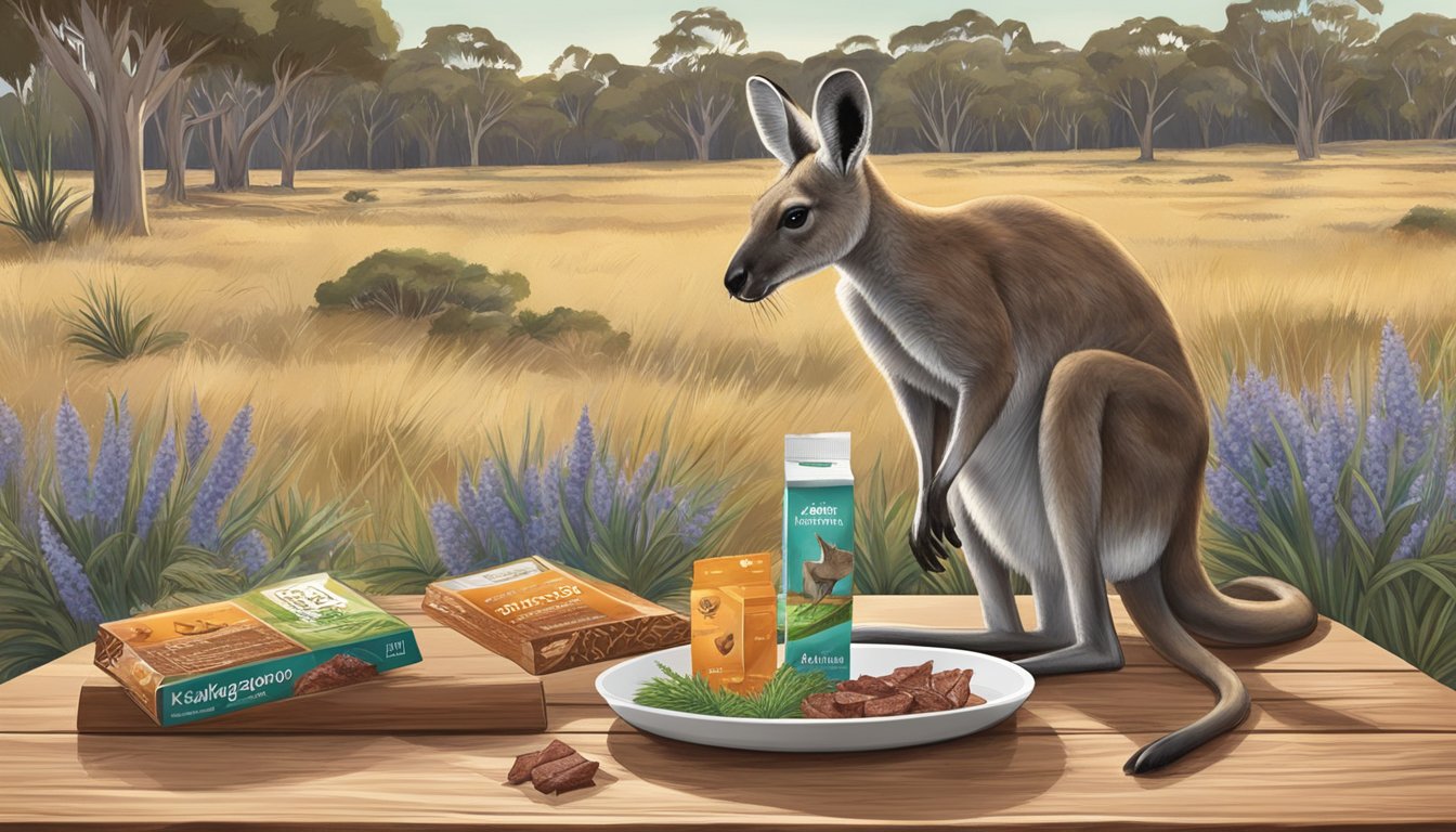 A kangaroo grazing in an open field, surrounded by native Australian flora. A packet of kangaroo jerky sits on a rustic wooden table