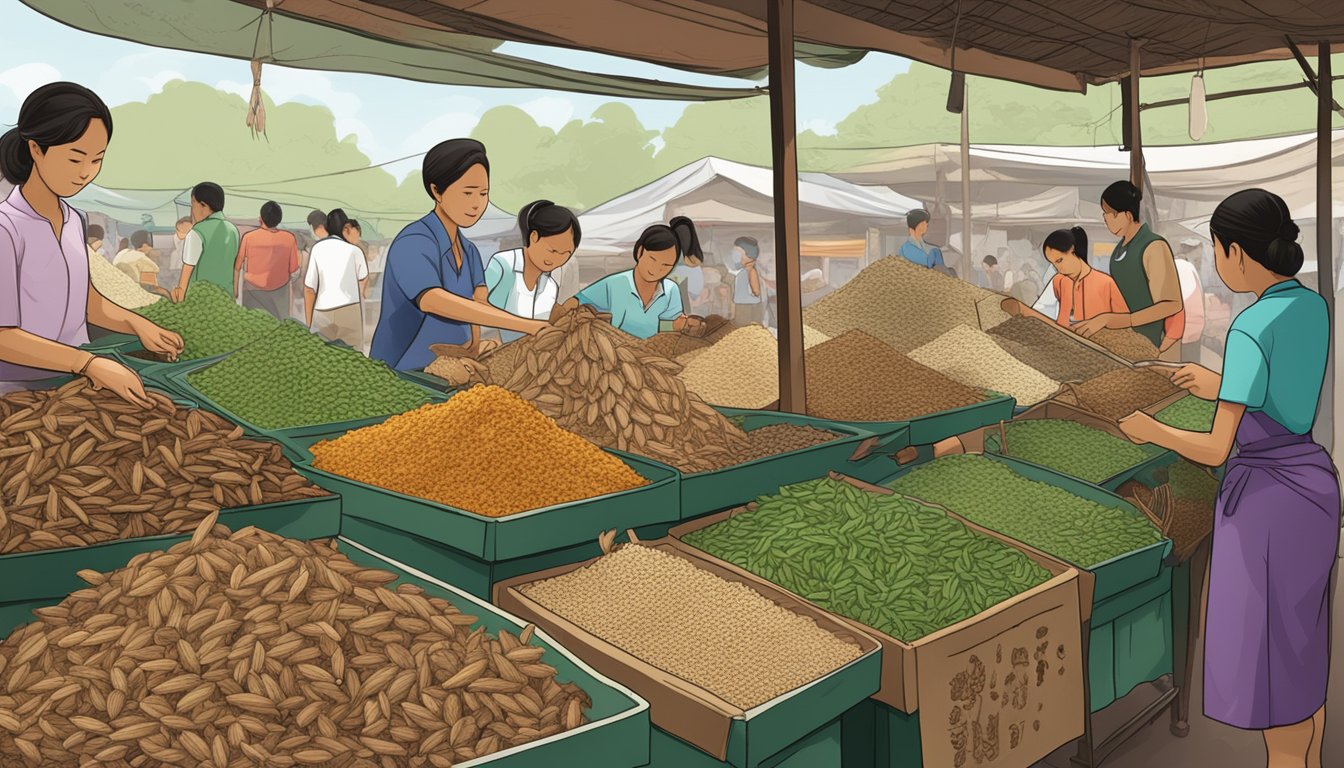 A bustling Thai market stall displays baskets of crunchy, protein-packed crickets, with a sign boasting their sustainability as a future food source