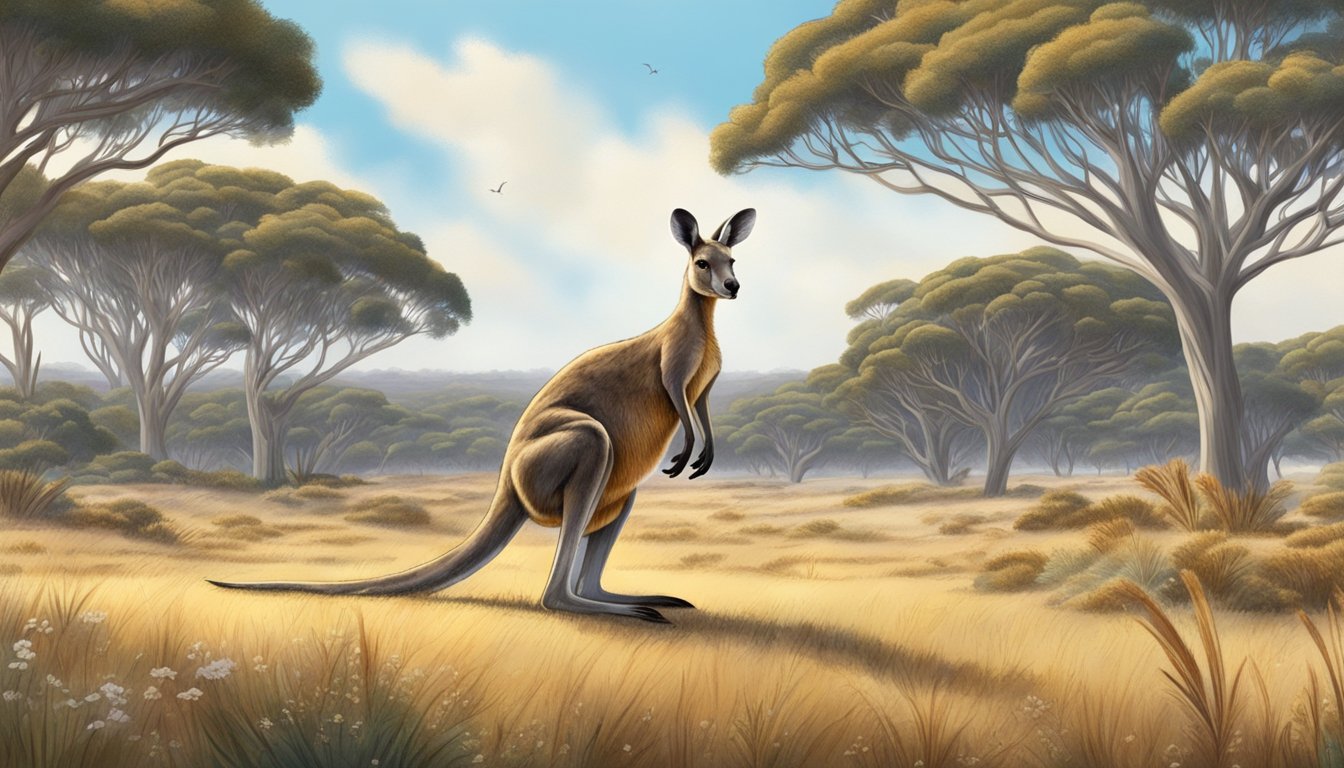 A kangaroo grazing in a vast, open field, surrounded by native Australian flora and fauna