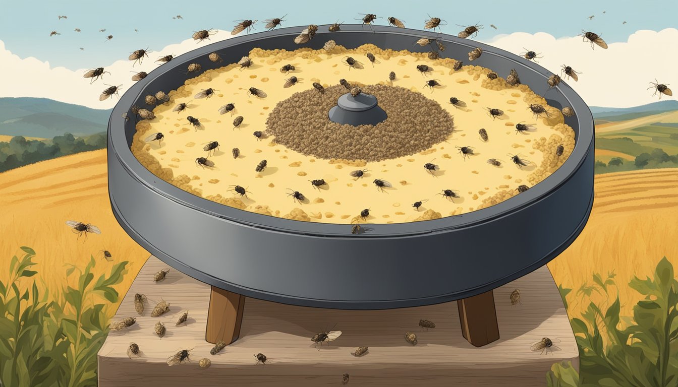 A wheel of Casu Marzu cheese surrounded by flies and maggots, with a backdrop of Sardinian countryside