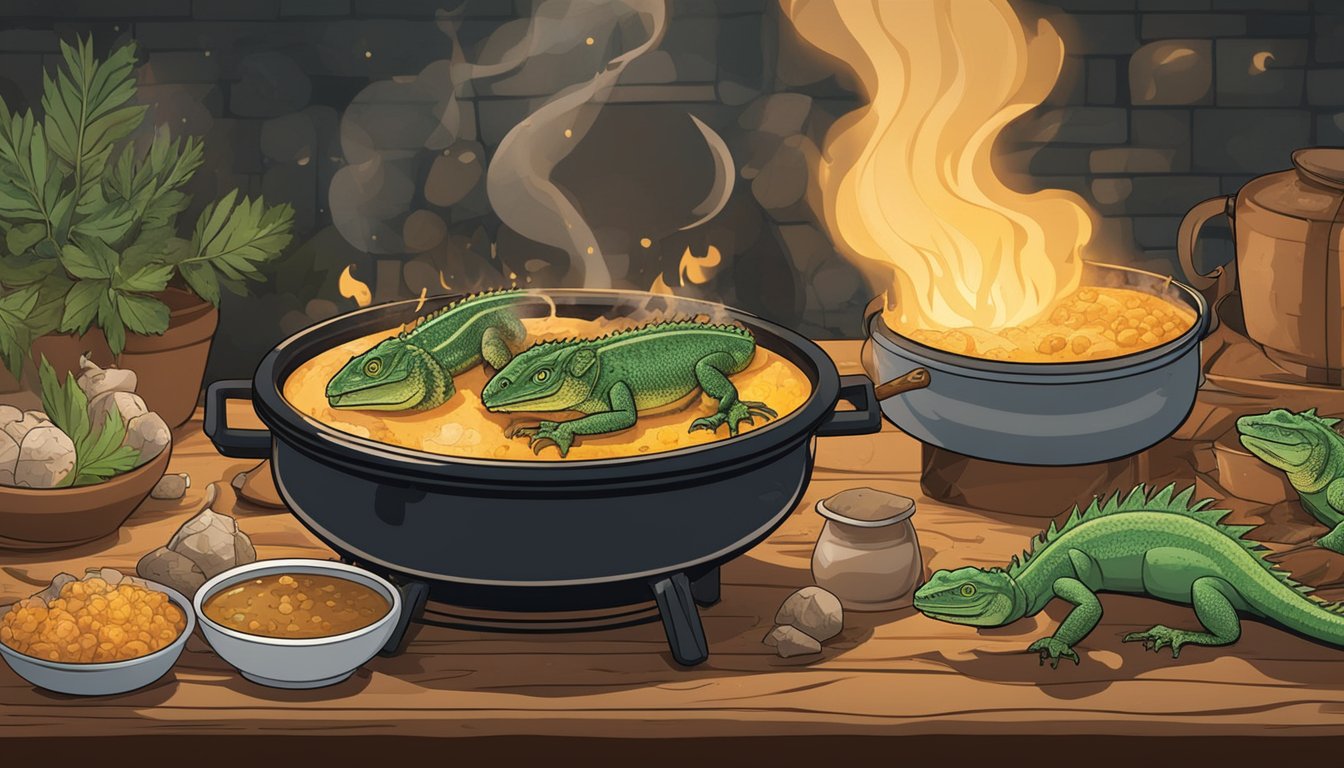 A cauldron bubbles over a crackling fire, filled with chunks of iguana meat and simmering in a savory broth. Herbs and spices litter the table nearby