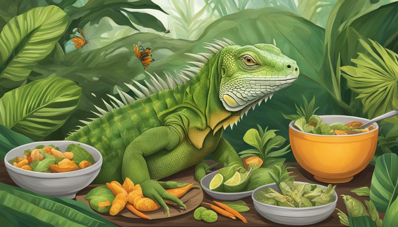 An iguana is depicted eating a bowl of iguana stew surrounded by various tropical plants and insects