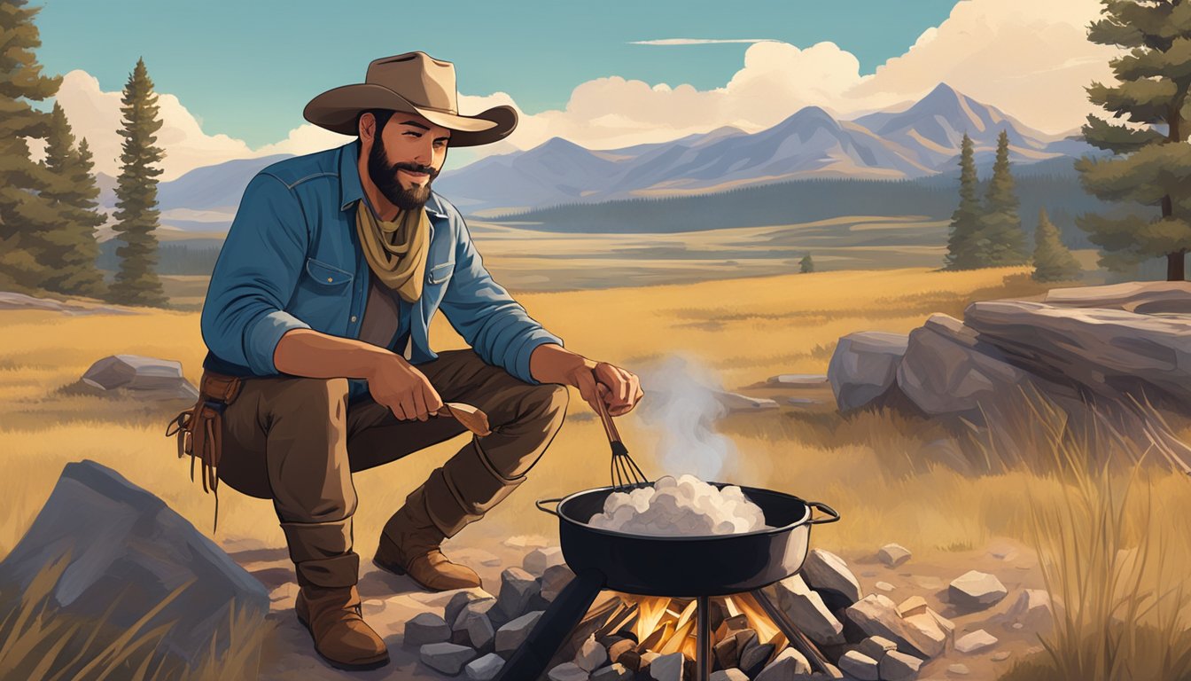 A cowboy cooking a batch of rocky mountain oysters over an open campfire, surrounded by the vast prairie landscape