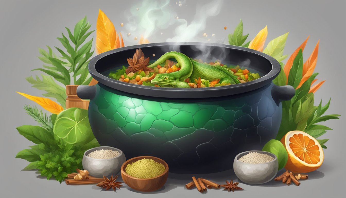 A cauldron bubbling with chunks of iguana meat, surrounded by exotic spices and herbs