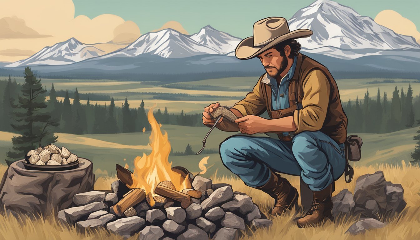 A cowboy cooking rocky mountain oysters over a campfire in the rugged prairie landscape