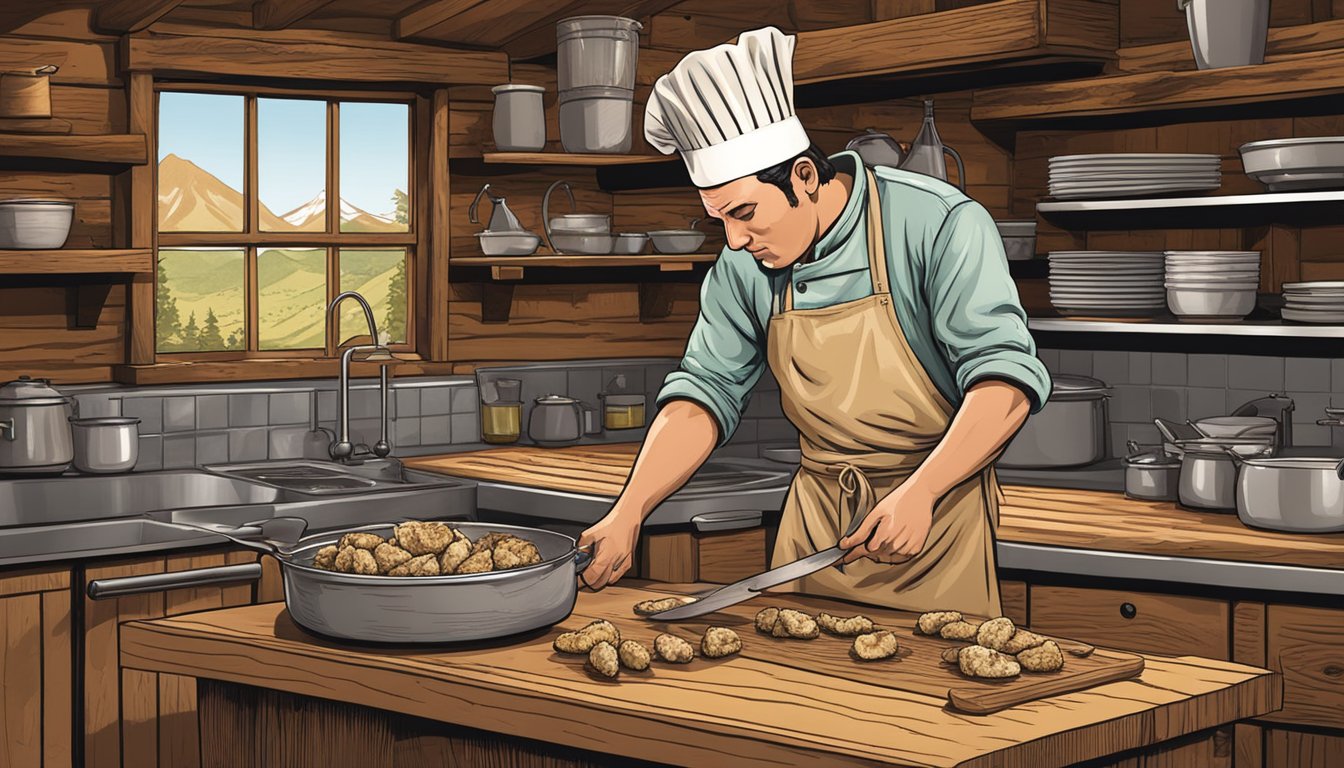 A chef expertly slices and seasons rocky mountain oysters in a rustic kitchen setting