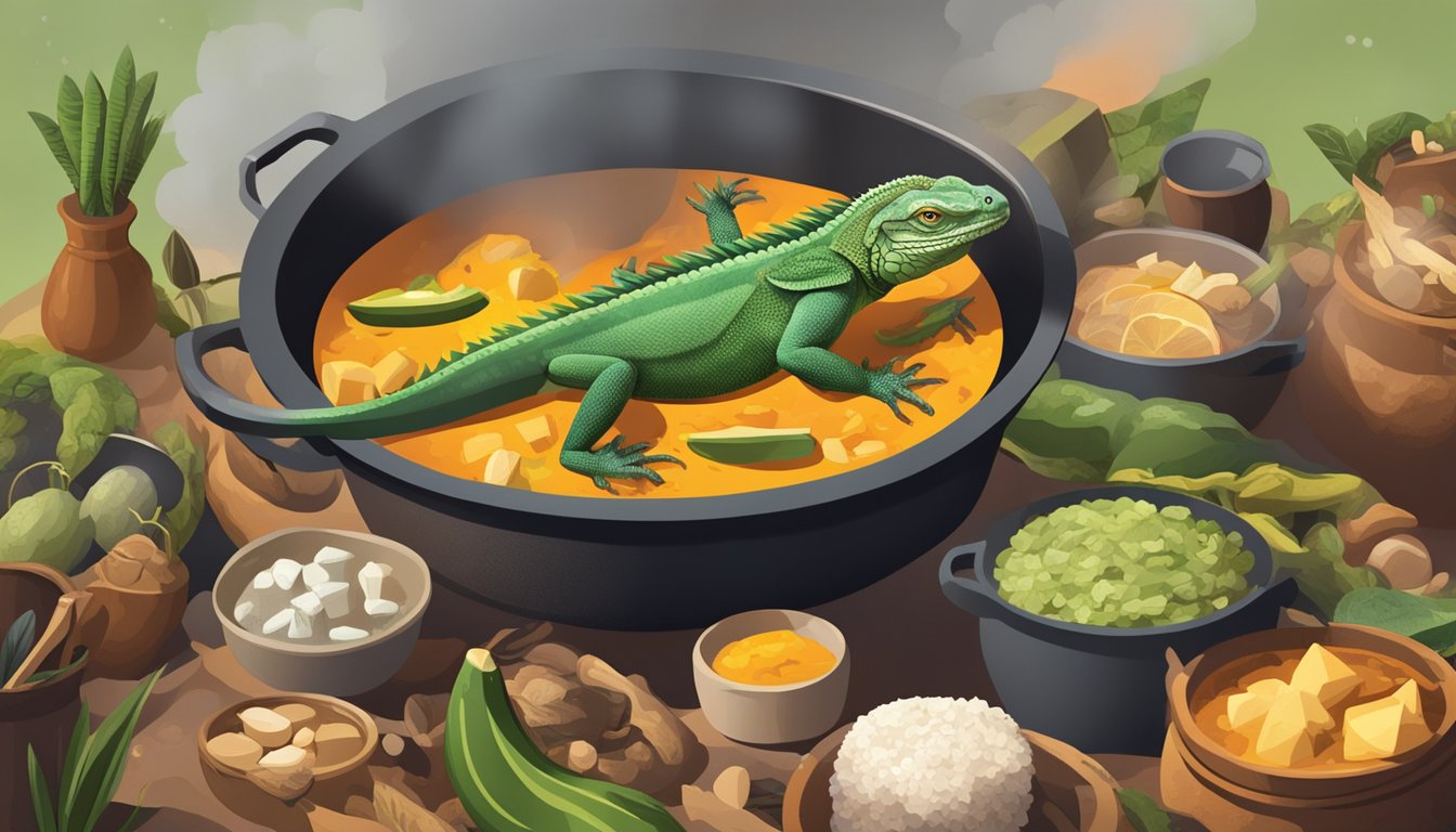 A pot of iguana stew bubbling over a fire, surrounded by various traditional cooking utensils and ingredients