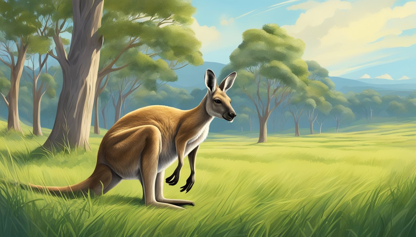 A kangaroo grazing in a lush, green meadow with a clear blue sky overhead