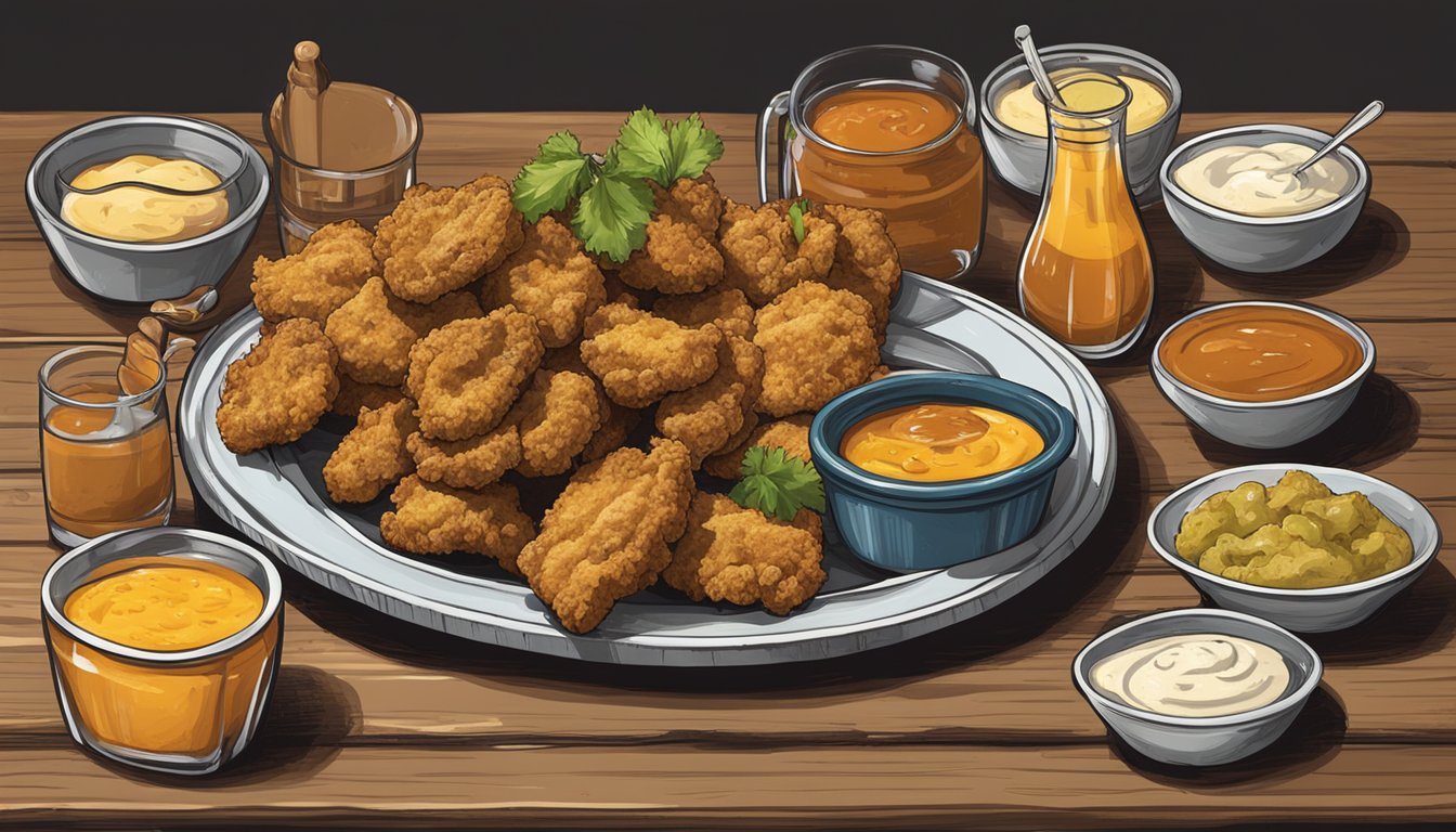 A rustic wooden table displays a platter of fried rocky mountain oysters, accompanied by a variety of sauces and garnishes