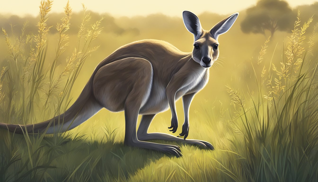 A kangaroo grazing in a grassy field, with a curious expression on its face as it nibbles on some unusual food