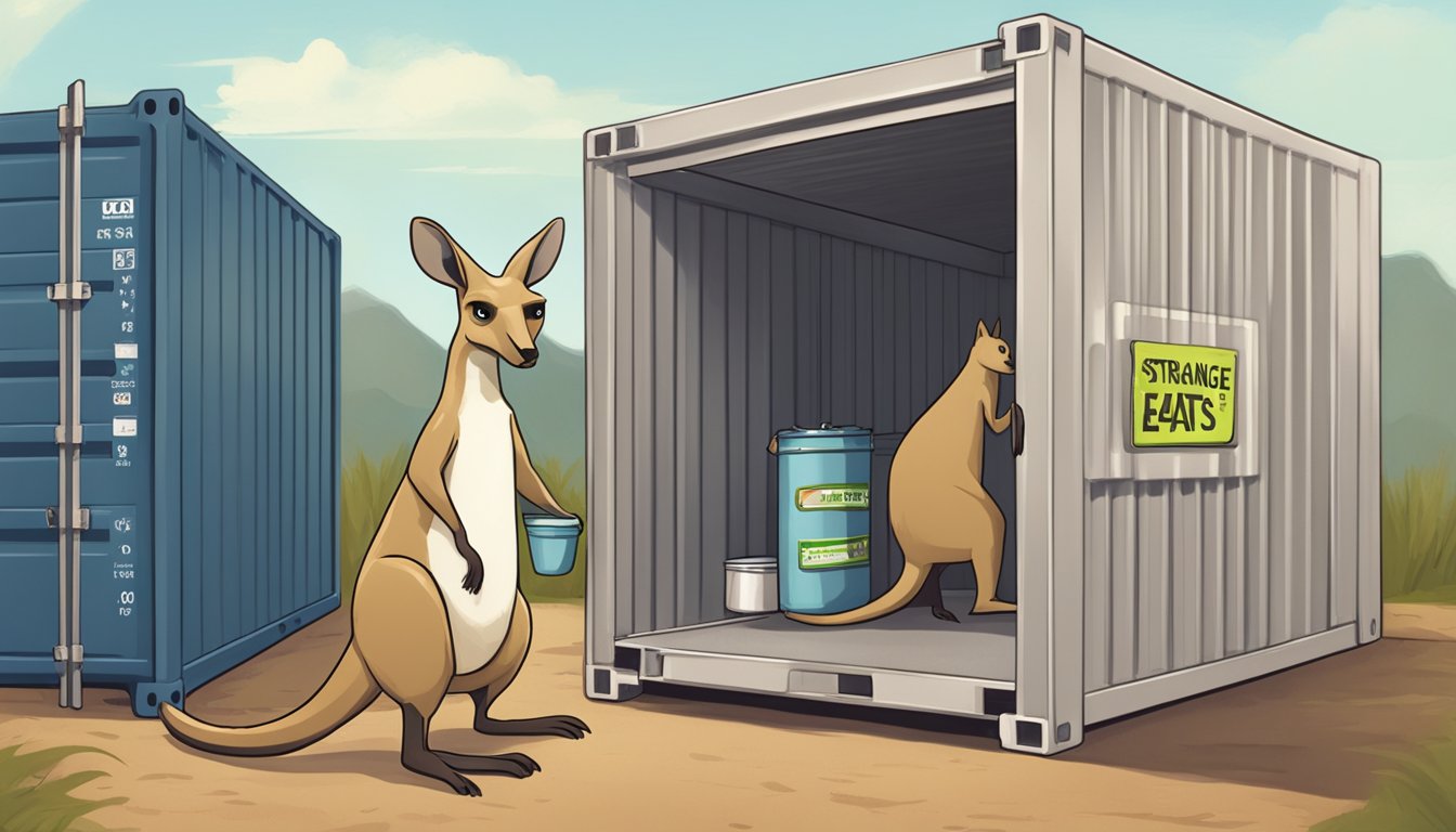 A kangaroo cautiously approaches a metal storage container labeled "strange eats," with a puzzled expression on its face