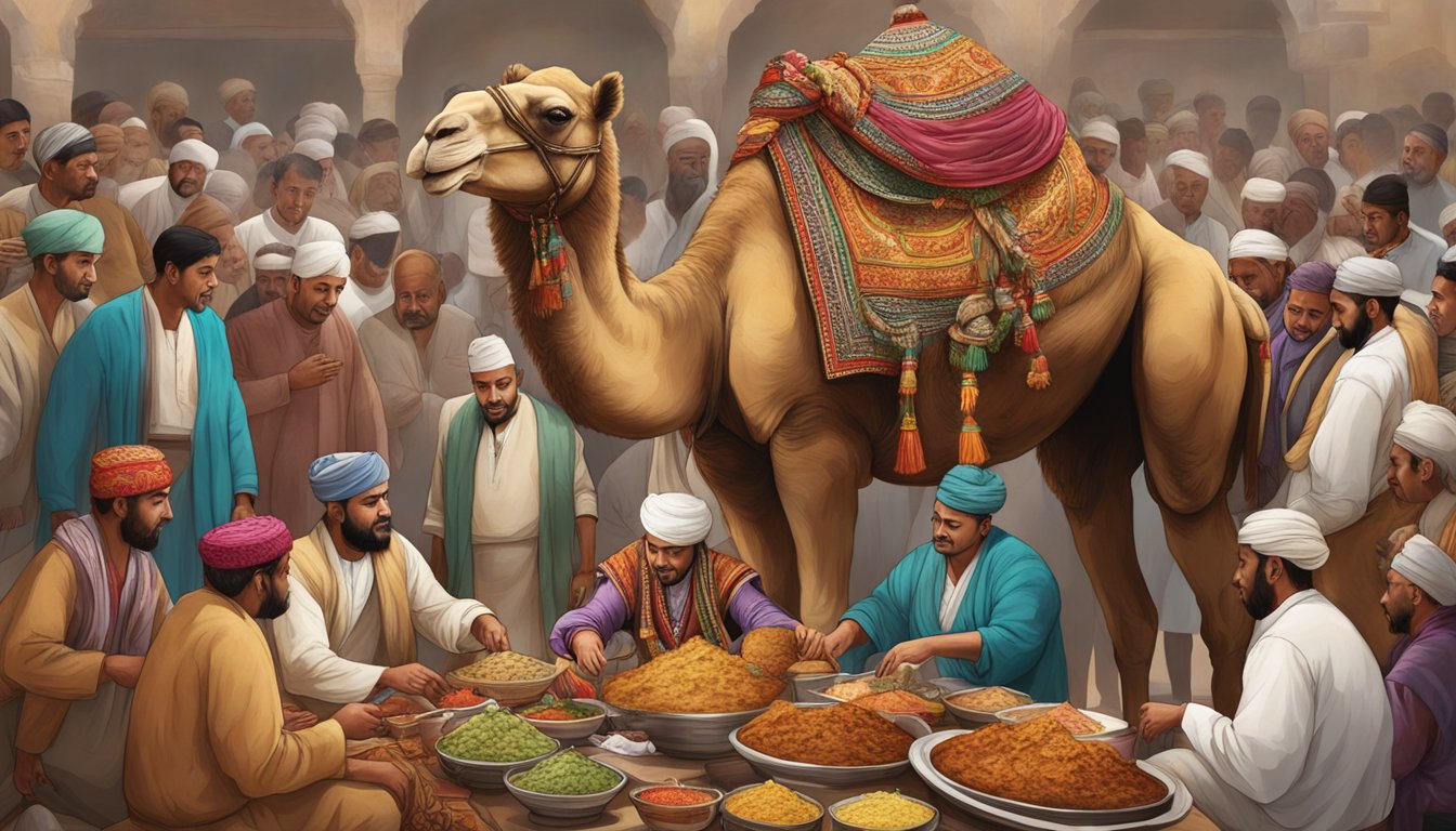 A large camel being stuffed with various meats and spices, surrounded by a group of people in traditional clothing