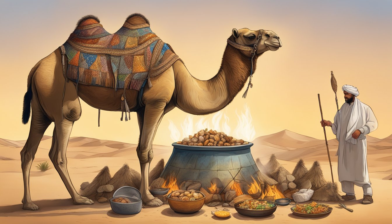 A whole camel, stuffed with various animals and cooked over a slow fire in the desert