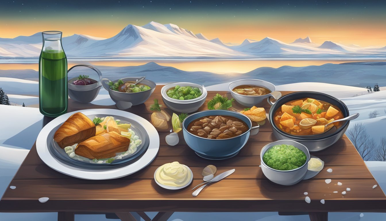 A table set with traditional Icelandic dishes, surrounded by snowy landscapes and a glimpse of the Northern Lights in the sky