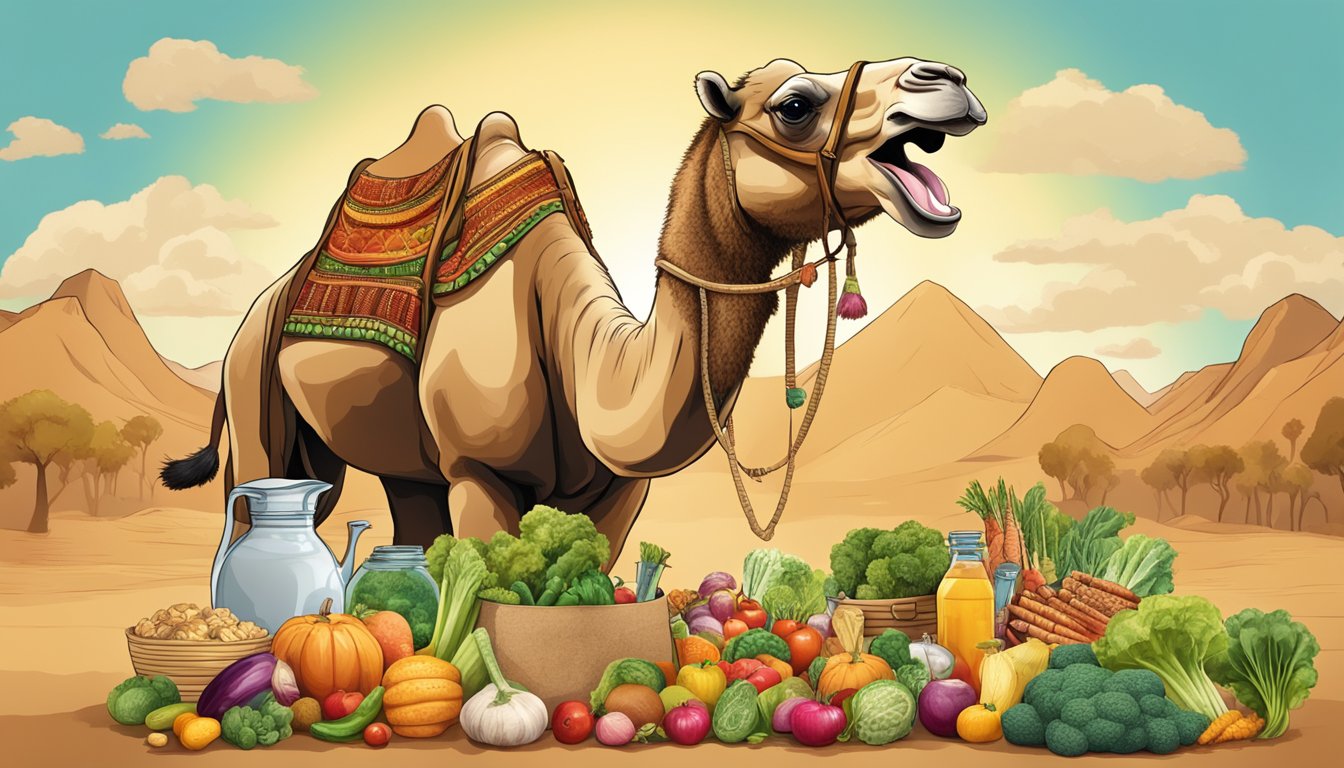 A large camel with a surprised expression, mouth open, filled with an assortment of food items, including smaller animals and vegetables