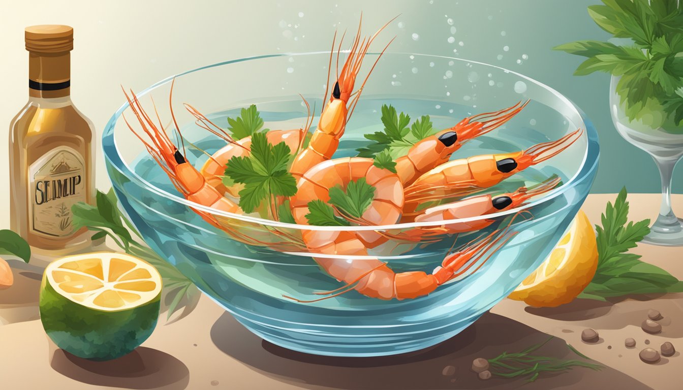 A group of live shrimp swimming in a bowl of clear liquid with floating herbs and spices. A bottle of alcohol sits nearby