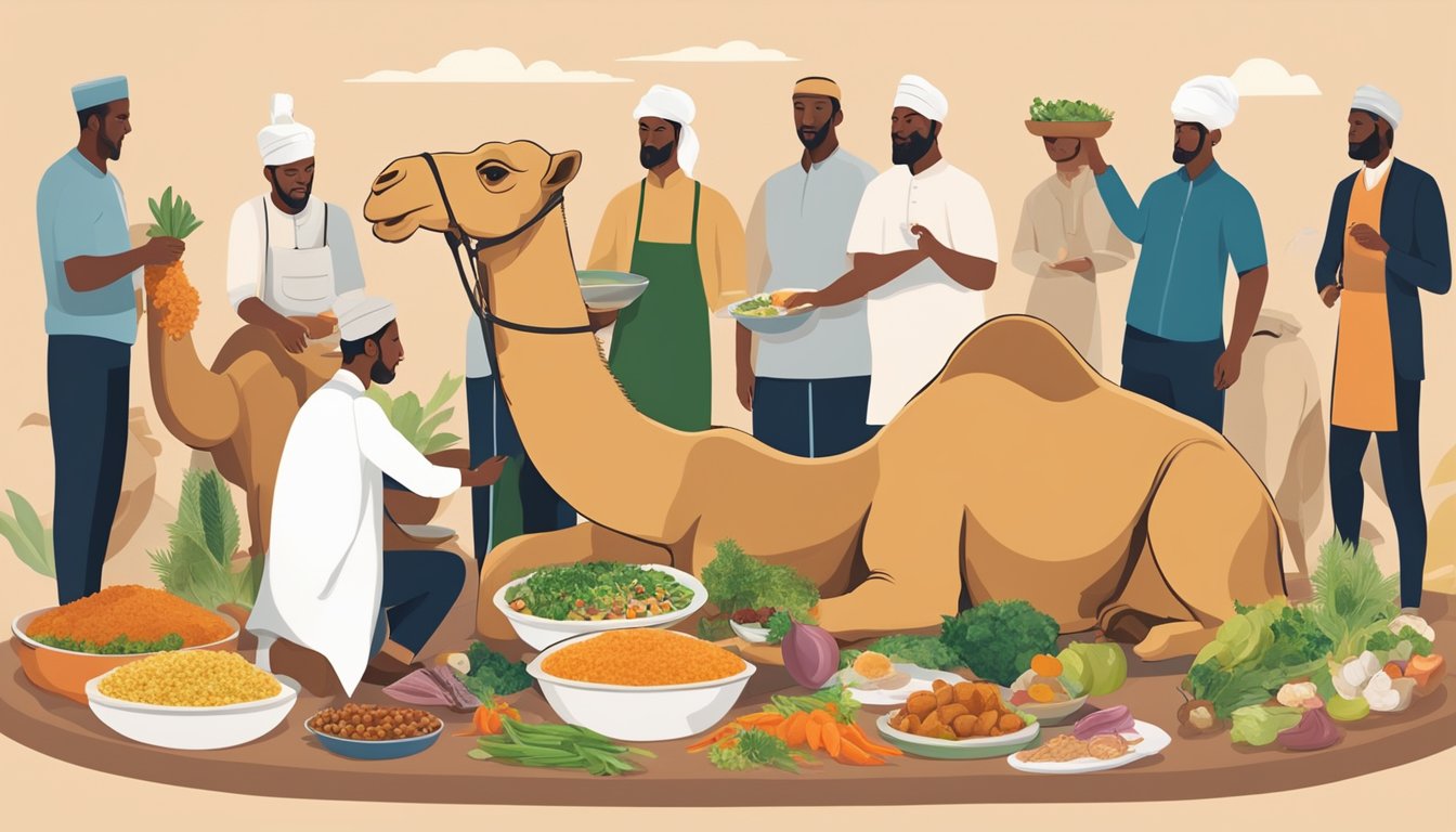 A camel being stuffed with various ingredients, surrounded by a diverse group of people preparing the unique dish