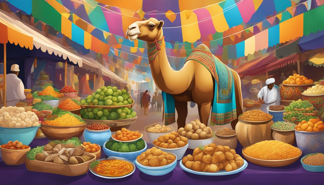 A large stuffed camel surrounded by a diverse array of exotic dishes from around the world, set against a backdrop of colorful market stalls