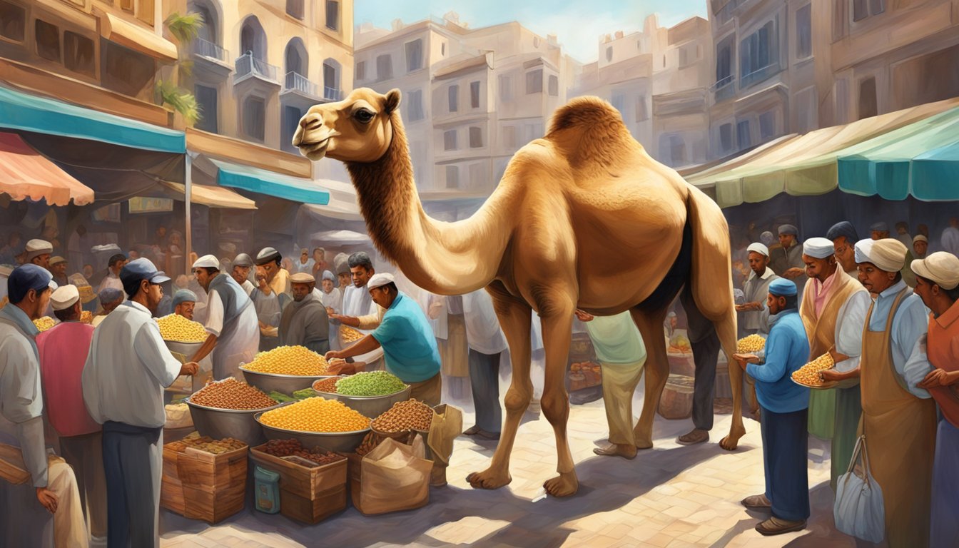 A large camel being stuffed with various foods, surrounded by curious onlookers and a bustling market atmosphere