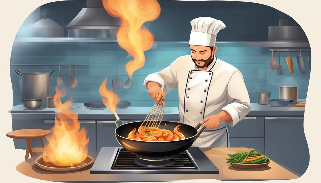 A chef prepares drunken shrimp, using a flaming wok, with a focus on safety and proper ventilation in the kitchen