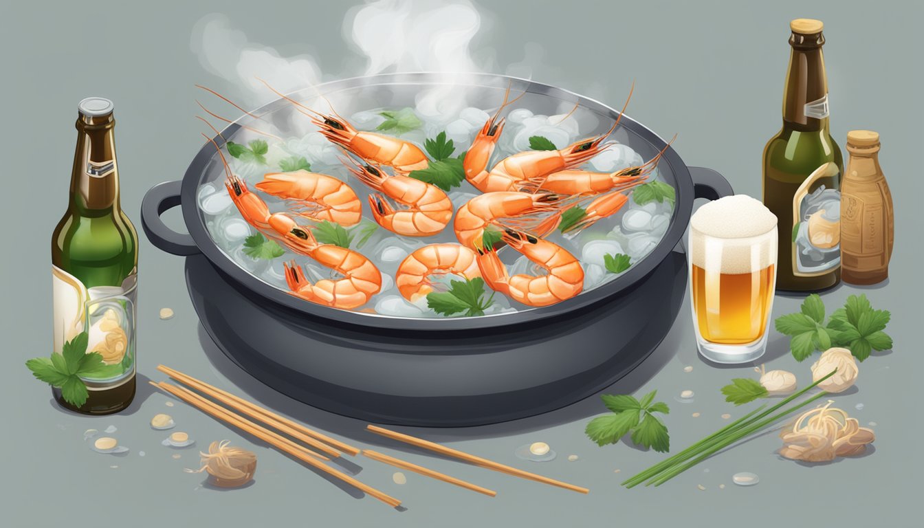 A steaming pot of shrimp, submerged in a clear liquid with floating herbs and spices, surrounded by empty beer bottles and chopsticks